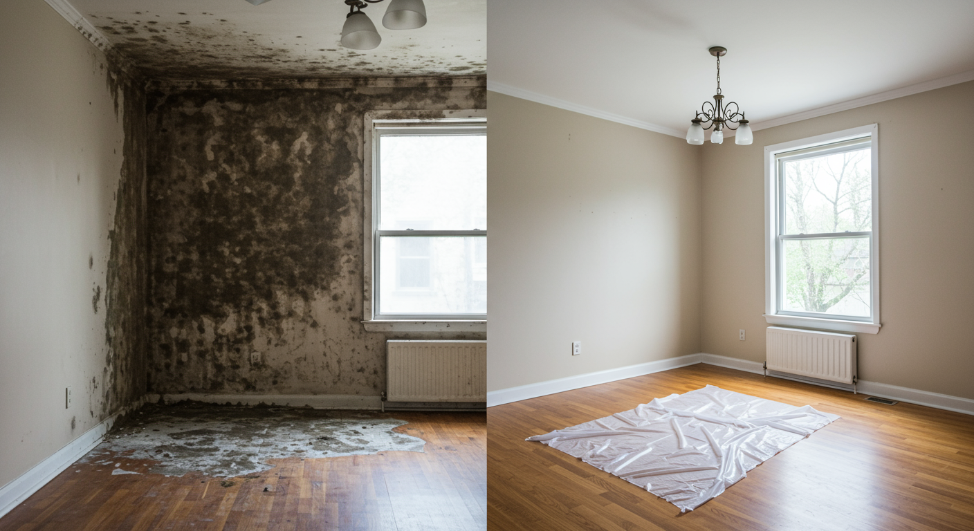 A split image showcasing a room affected by black mold on one side and the same room after professional mold removal on the other side. The transformation highlights cleanliness and safety.