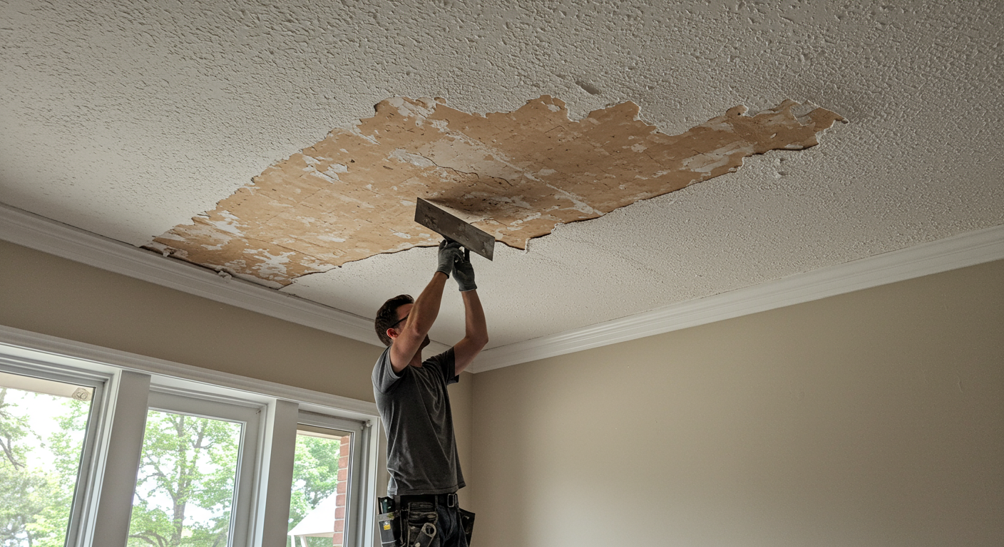 A professional contractor removing a popcorn ceiling in a well-lit living room. The ceiling has a portion scraped off, showing a smooth finish underneath.