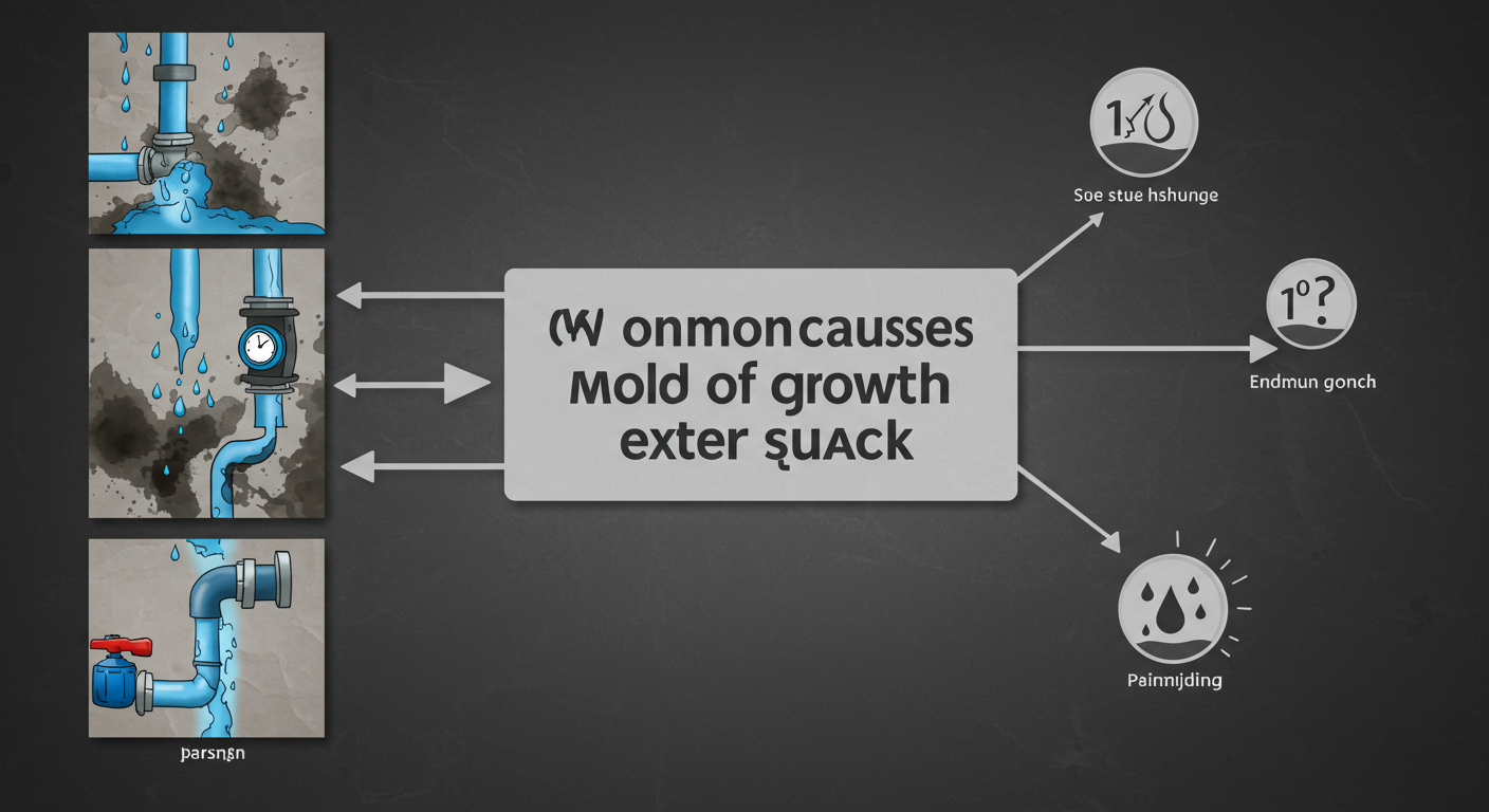 A visual representation of common causes of mold growth in homes, such as water leaks or humidity.