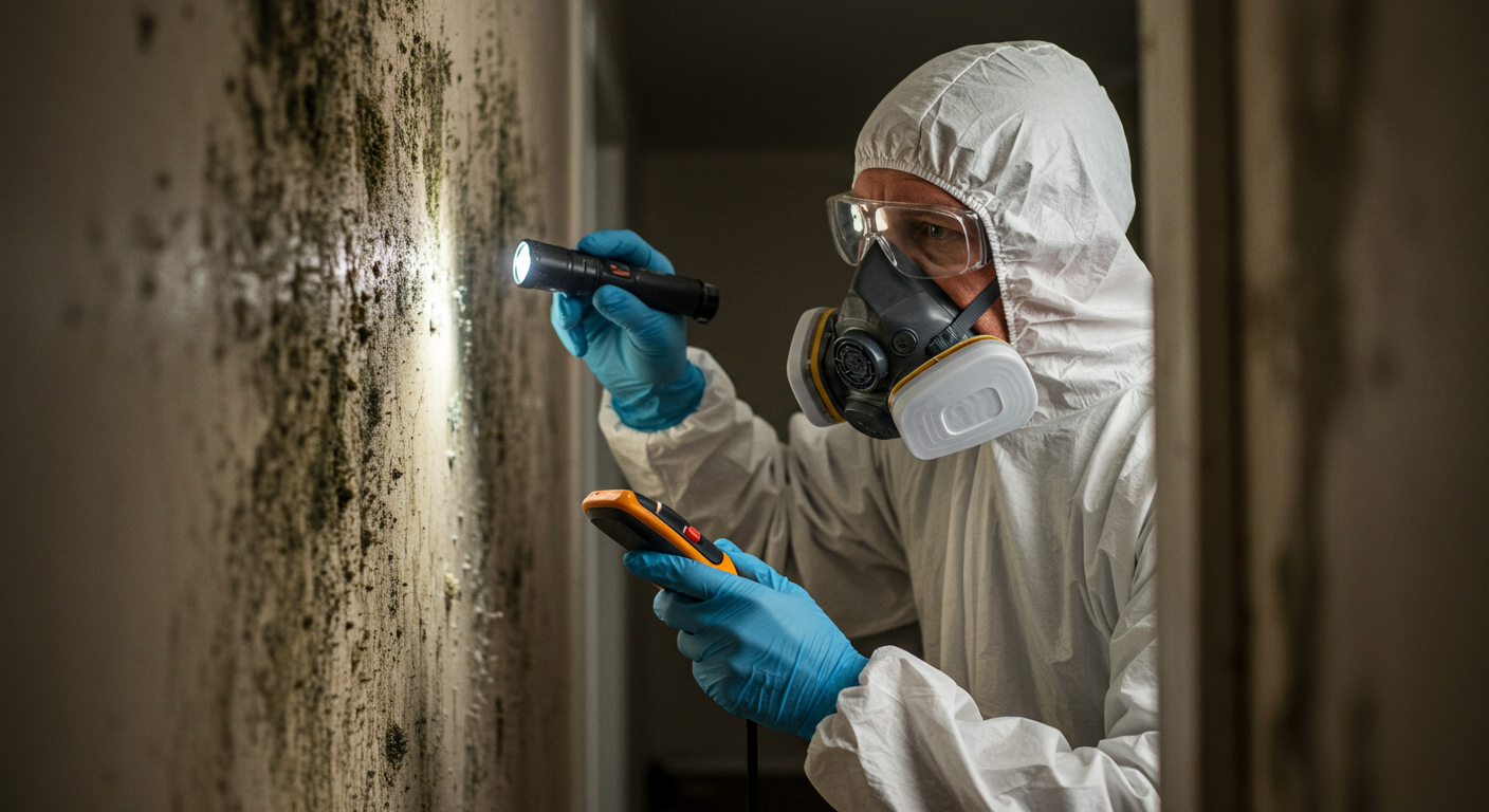 A close-up of a professional inspecting water-damaged walls for mold growth, highlighting the importance of thorough assessment in flood restoration.
