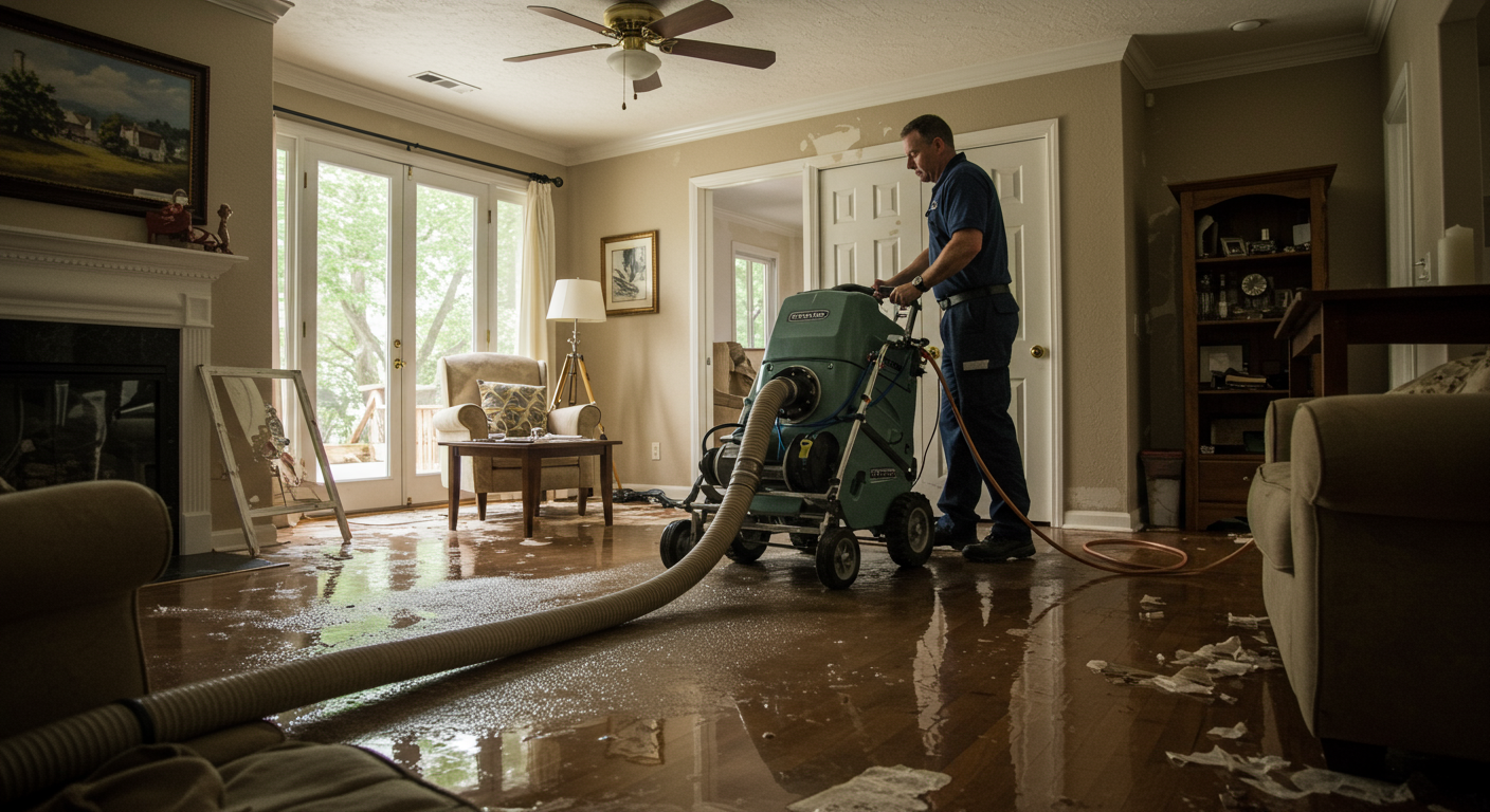 A technician in a uniform operates a water extraction machine in a flooded residential area, showcasing the active water restoration process.