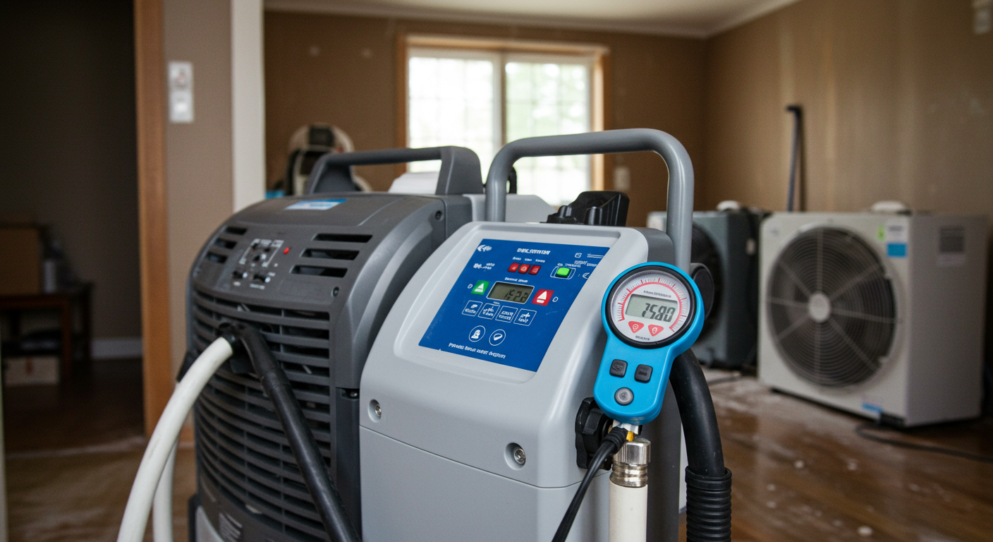 Close-up of modern water restoration equipment, such as industrial dehumidifiers, water extractors, and moisture meters, being used in a home. The background shows a partially restored room with drying fans in operation.