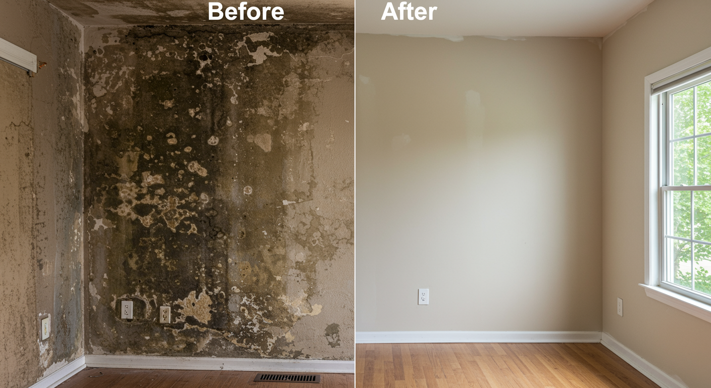 A before-and-after comparison of a mold-infested wall in a Tulsa home. The 'before' side shows dark mold patches, while the 'after' side is clean and freshly painted. The background subtly includes Tulsa-specific elements, such as a local-style home design.