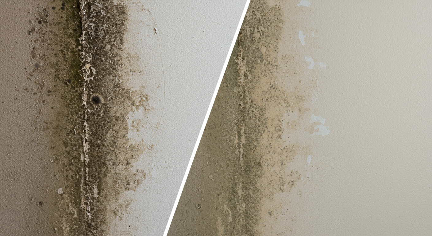A split-screen image showing a close-up of a mold-infested wall on one side and the same wall completely cleaned and restored on the other. The transition highlights the effectiveness of professional mold removal services.