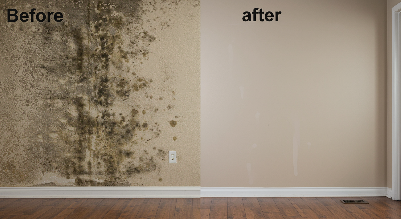 A split-screen image showing a wall before and after professional mold removal in Tulsa, OK