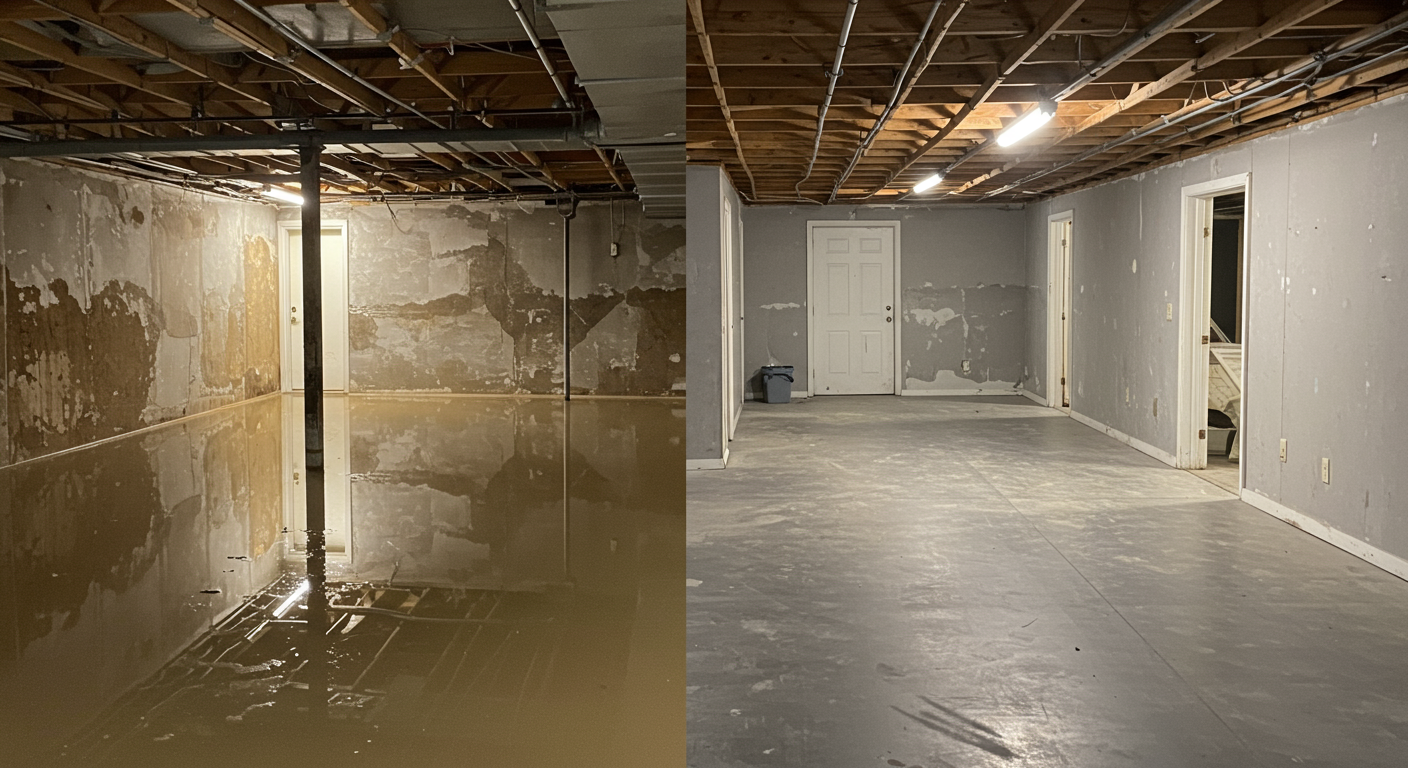 A before-and-after split image of a flooded basement in Tulsa, OK. The left side shows standing water and damage, while the right side highlights a fully restored, clean, and dry basement. The image emphasizes the transformation and effectiveness of water cleanup services.