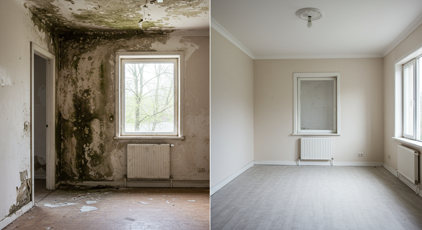 A split image showing a room before and after mold remediation. The left side depicts visible mold and damage, while the right side shows a clean, restored space, highlighting the transformation.