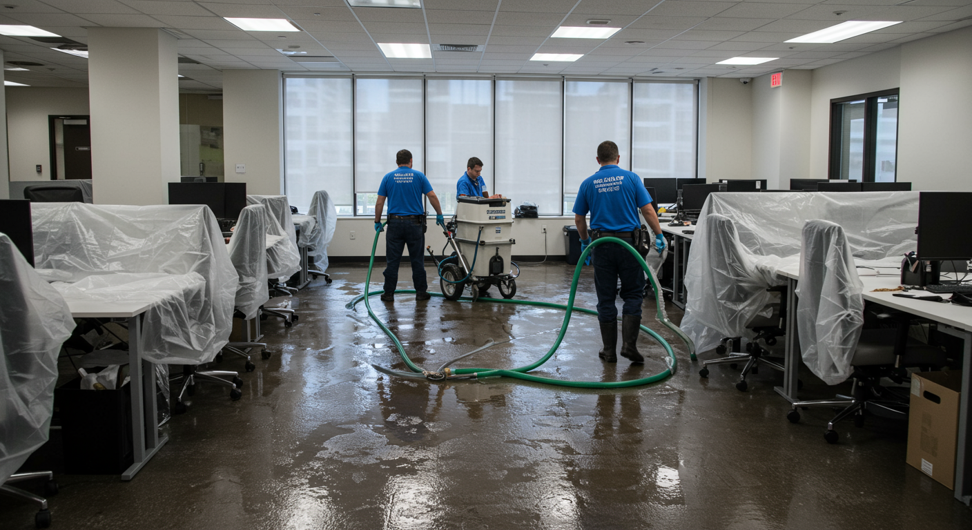 A large commercial space undergoing water cleanup with industrial-grade equipment.