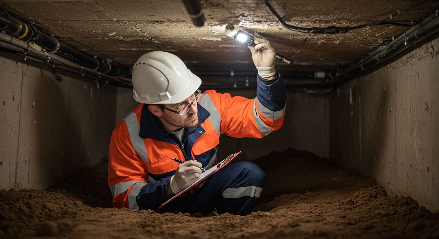 Certified inspector examining a crawl space
