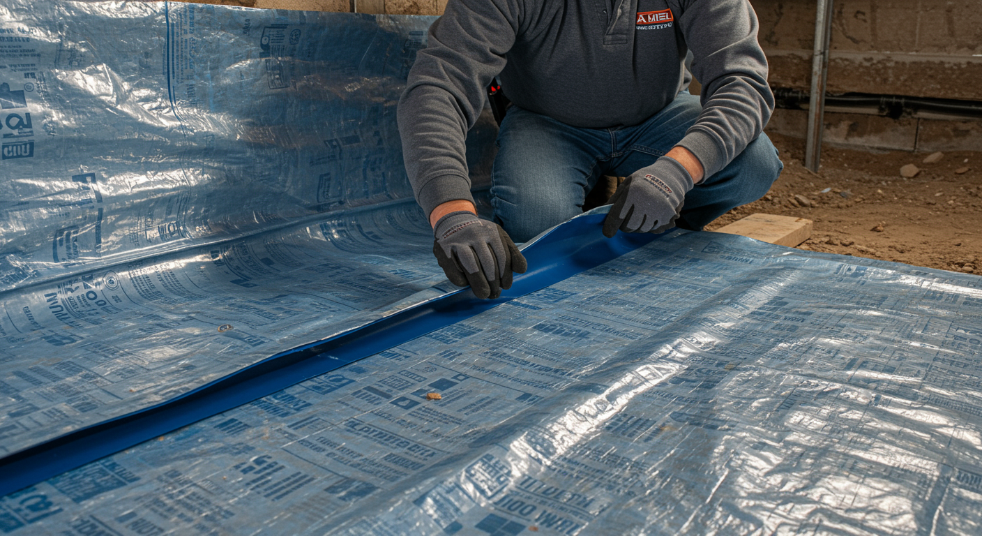 A professional technician installing a vapor barrier in a crawl space.