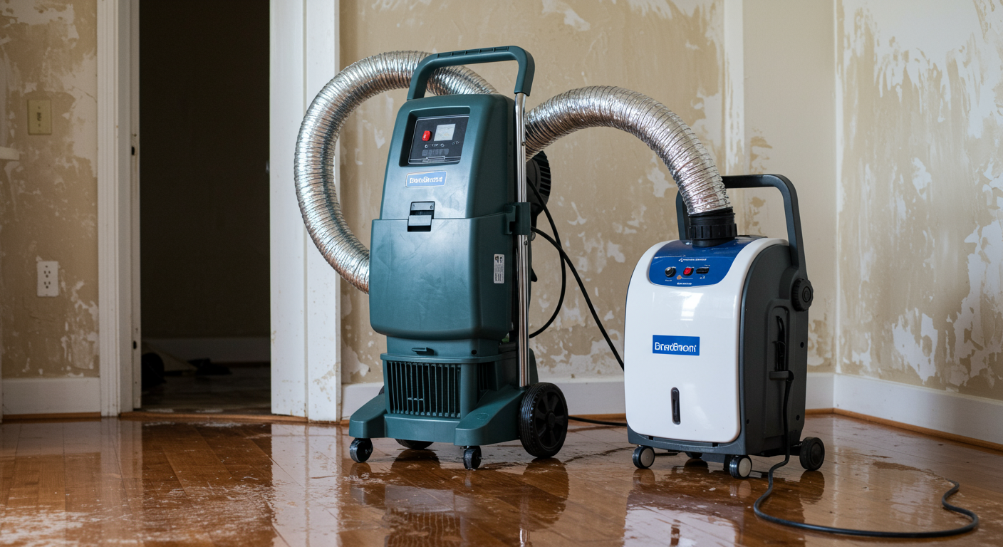 A professional-grade air mover and dehumidifier placed in a water-damaged room, drying the area. The background shows a partially wet floor and walls, emphasizing the drying process.