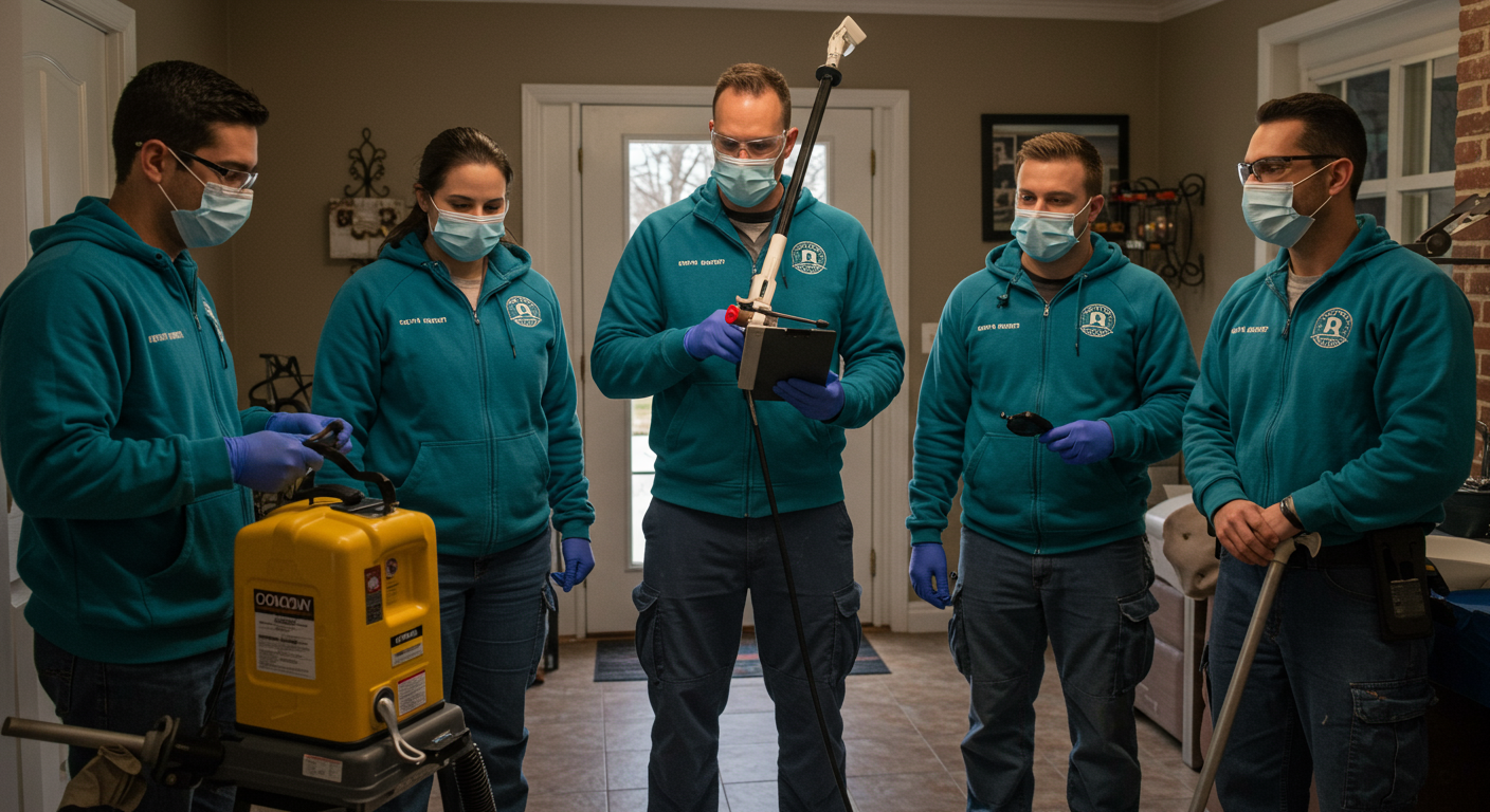 A group of professional mold restoration technicians working together in a Tulsa home.