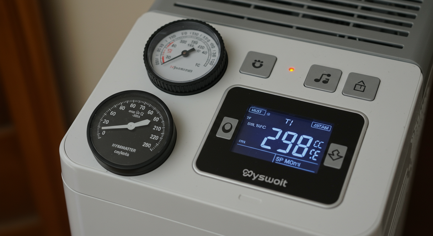 A close-up of a dehumidifier and a hygrometer placed in a room, with a visible reduction in humidity levels on the device's display.