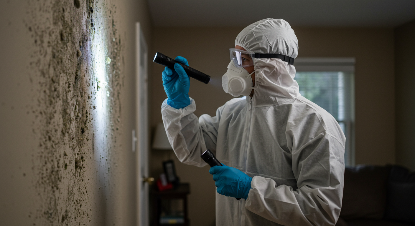 A professional mold inspector wearing protective gear and using a flashlight to examine mold growth on a wall in a residential home. The background shows a clean, organized living space typical of Tulsa homes.