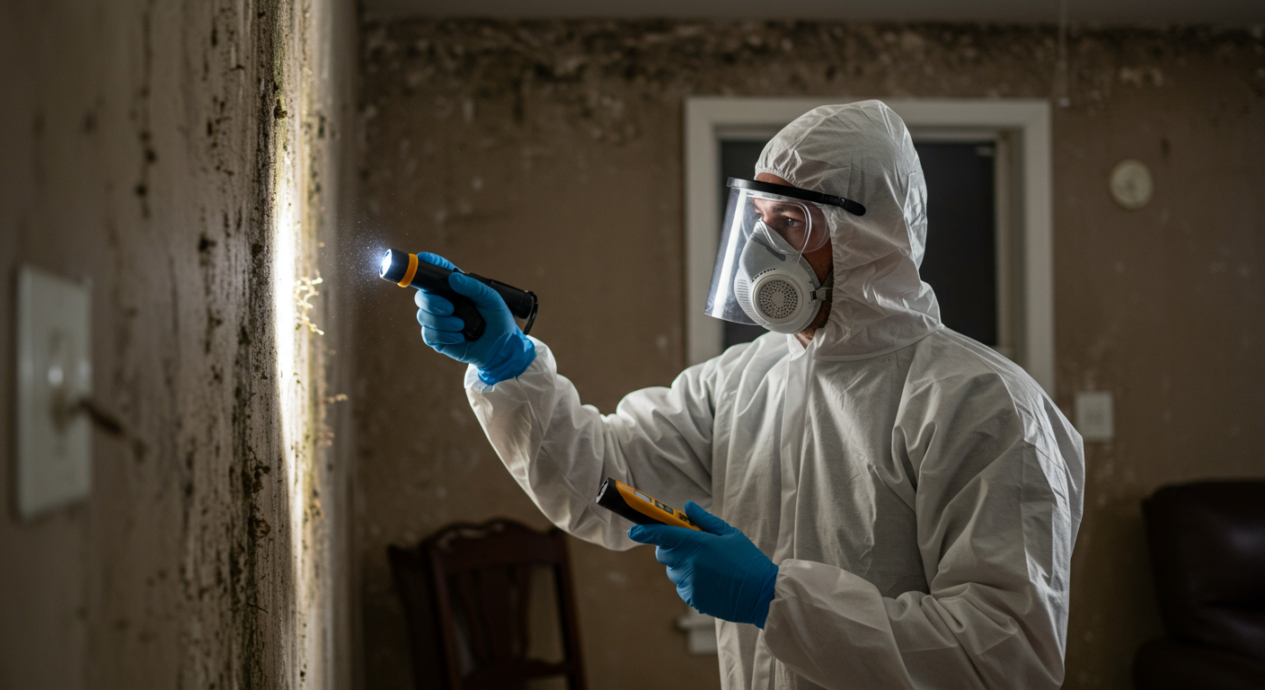 A professional mold inspector wearing protective gear examining a damp wall in a Tulsa home.