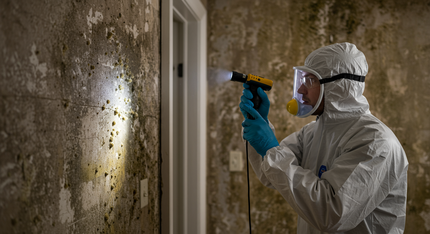 Certified technician inspecting a wall with visible mold patches in a Tulsa home.