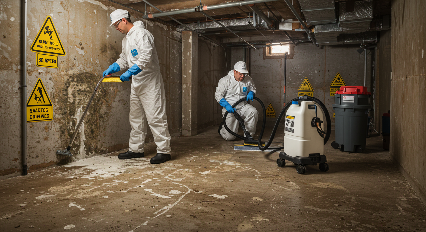 A team of two certified mold removal specialists working in a basement. One is scrubbing a moldy surface with specialized cleaning agents, while the other is using a vacuum with HEPA filtration to remove airborne mold spores. Equipment and safety signs are visible in the background.