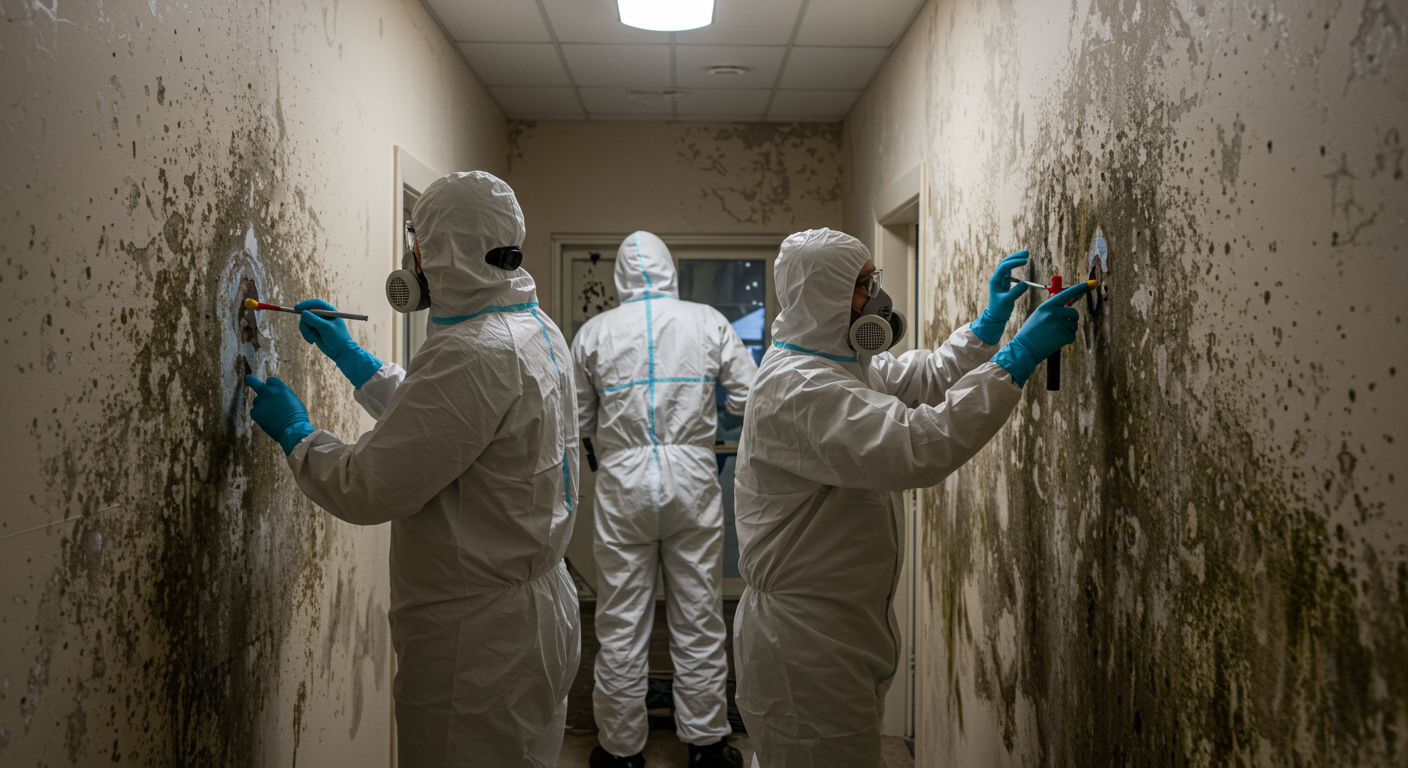 A team of professionals in protective suits and masks removing mold from a wall using specialized equipment.