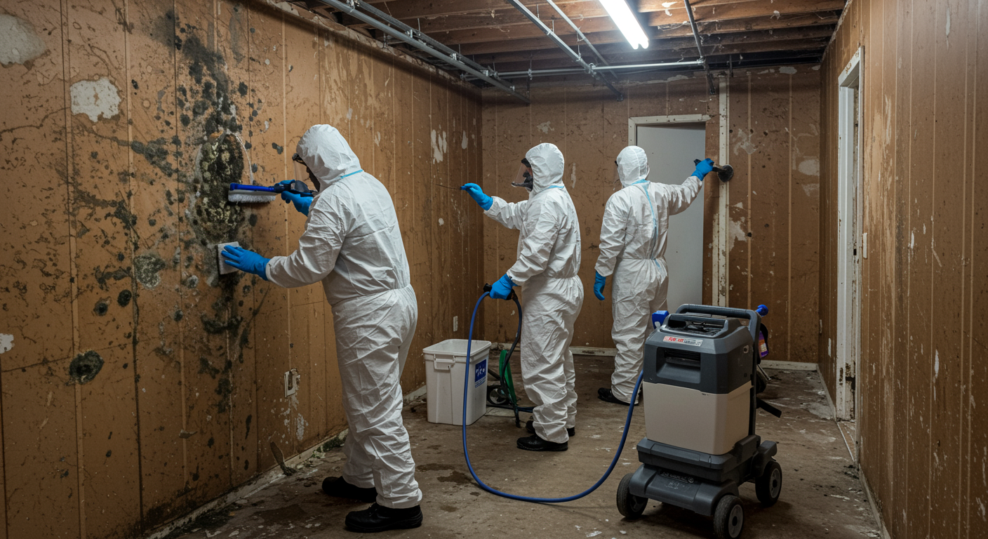A team of mold specialists in protective gear working together to remove mold from a basement wall in Tulsa. One specialist is scrubbing the wall while another operates an air scrubber.