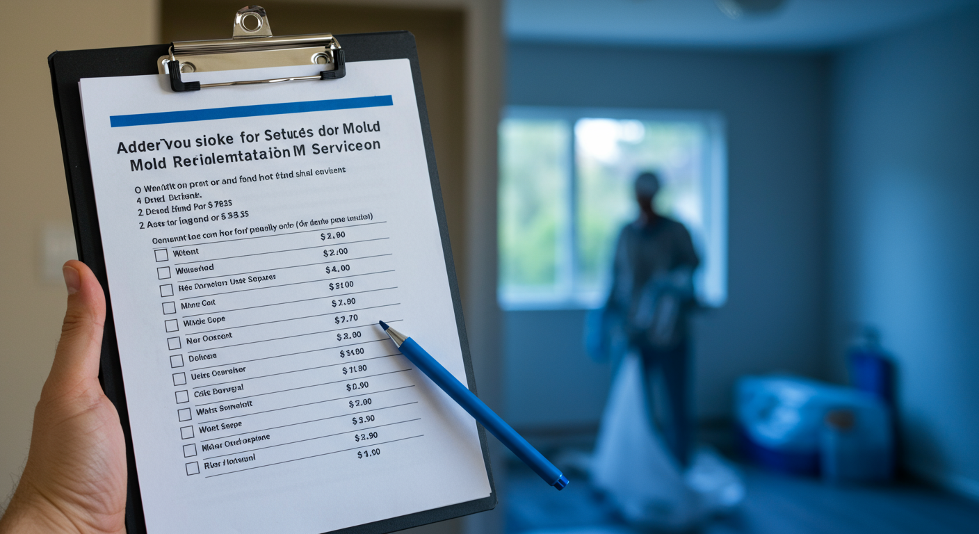 A visual representation of a cost breakdown for mold remediation services, featuring a clipboard with a checklist of services and estimated prices.