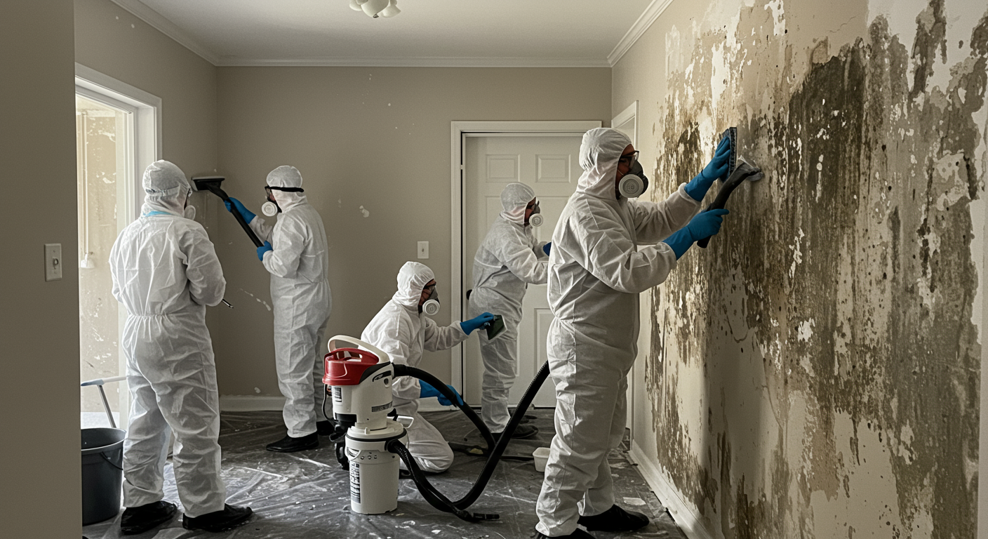 A team of professionals in protective suits and masks actively removing mold from a wall in a residential home. One person is using a vacuum-like machine, while another is scrubbing the wall.