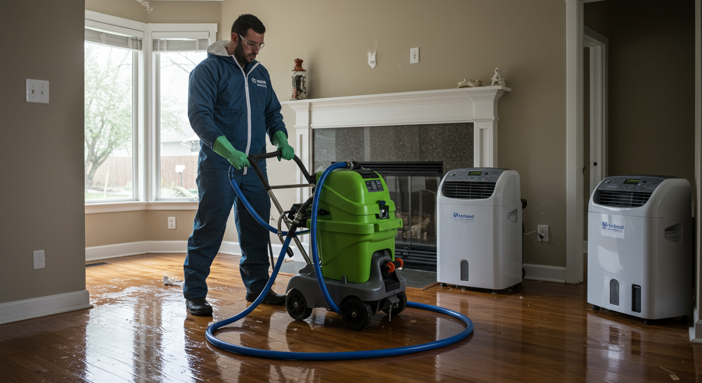 A professional water cleanup technician using advanced equipment like water extractors and dehumidifiers in a residential home. The setting includes a partially flooded living room with visible water damage on the floor and walls. The technician is wearing safety gear, emphasizing professionalism and expertise.