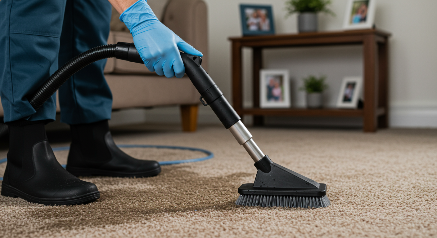 A close-up of a technician's hands using a water extraction tool on a soaked carpet in a cozy living room. The background shows a family photo on a shelf, adding a personal and local touch to the scene.