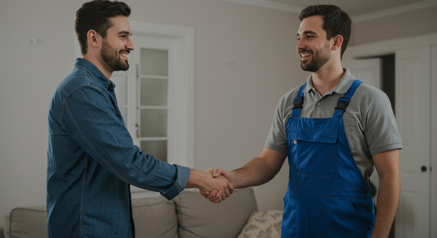 A smiling homeowner shaking hands with a water cleanup technician in front of a clean and restored living room. The background shows a tidy and dry space with no signs of water damage. The image conveys trust, satisfaction, and professionalism.