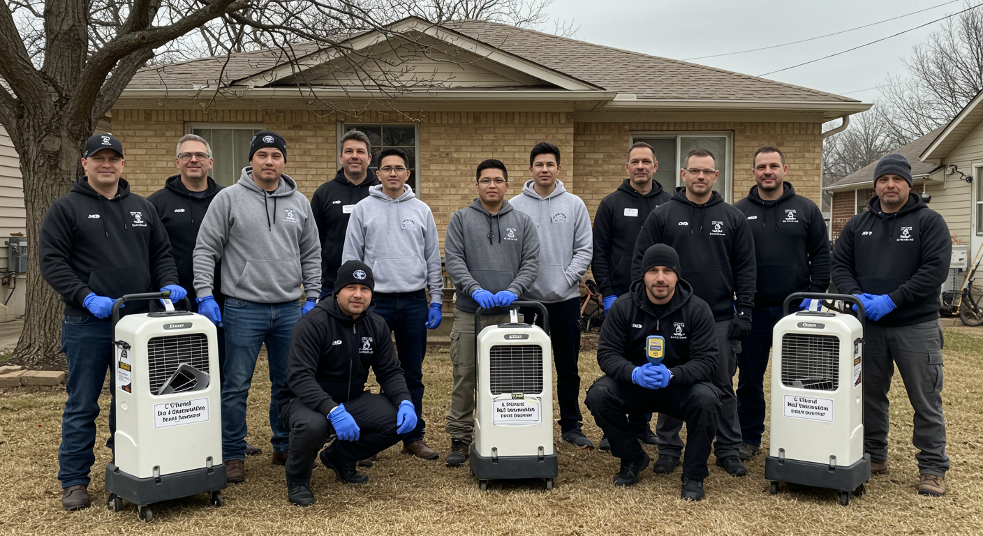 A group of certified mold remediation professionals posing with their equipment (e.g., air scrubbers, moisture meters) outside a residential property in Tulsa, OK.