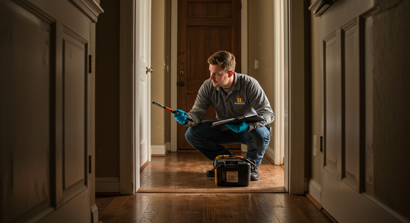 A serene image of a technician inspecting a water-damaged area in a home in Tulsa, OK. The technician is focused and professional, examining the damage with tools in hand. The background includes signs of water damage, but the overall atmosphere is calm and reassuring, emphasizing the expertise of the remediation service.