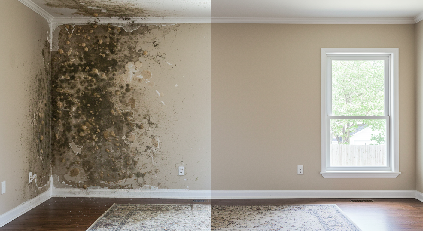 A before-and-after comparison of a mold-affected area in a Tulsa home. The left side shows a wall with visible mold growth and water damage, while the right side displays the same wall after professional mold mitigation, clean and restored.