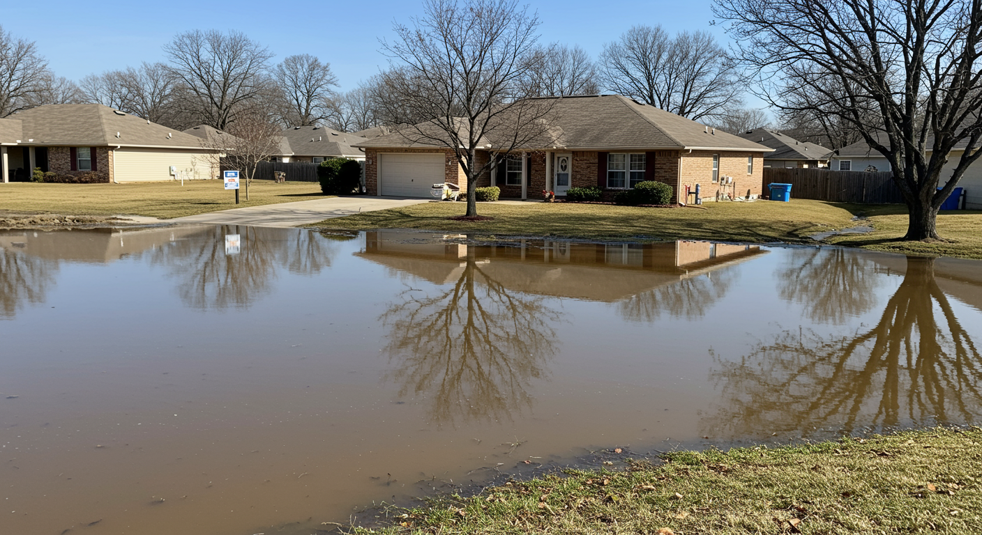 A suburban Tulsa neighborhood with a house surrounded by water due to flooding. The image shows waterlogged yards and a restoration truck parked in the driveway, indicating ongoing cleanup efforts.
