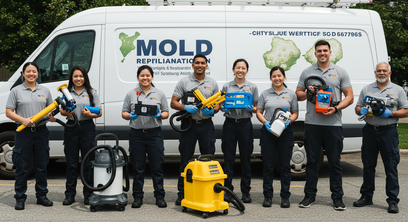 A smiling team of certified mold remediation professionals standing in front of a branded van, holding tools and equipment.