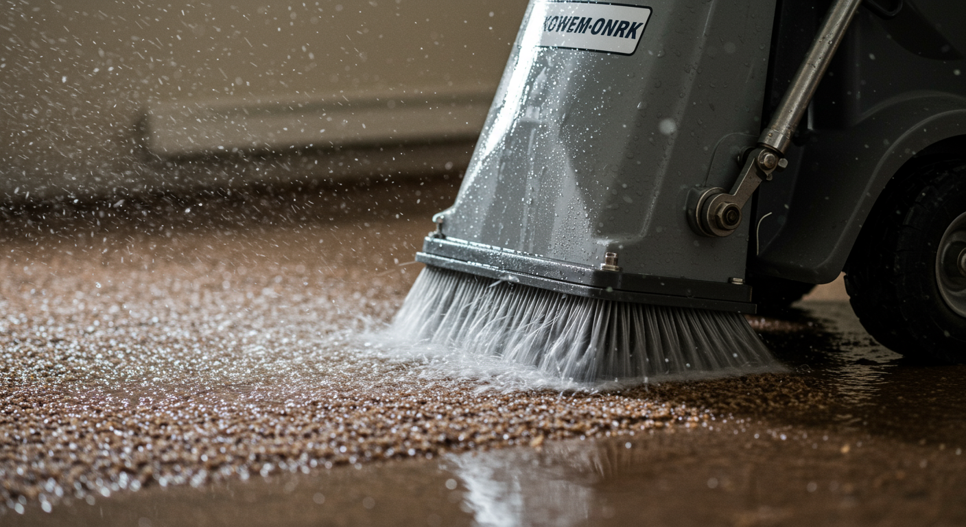 A close-up of advanced water extraction equipment in use, with water being efficiently removed from carpets and floors. This image highlights the technology and professionalism involved in the cleanup process.
