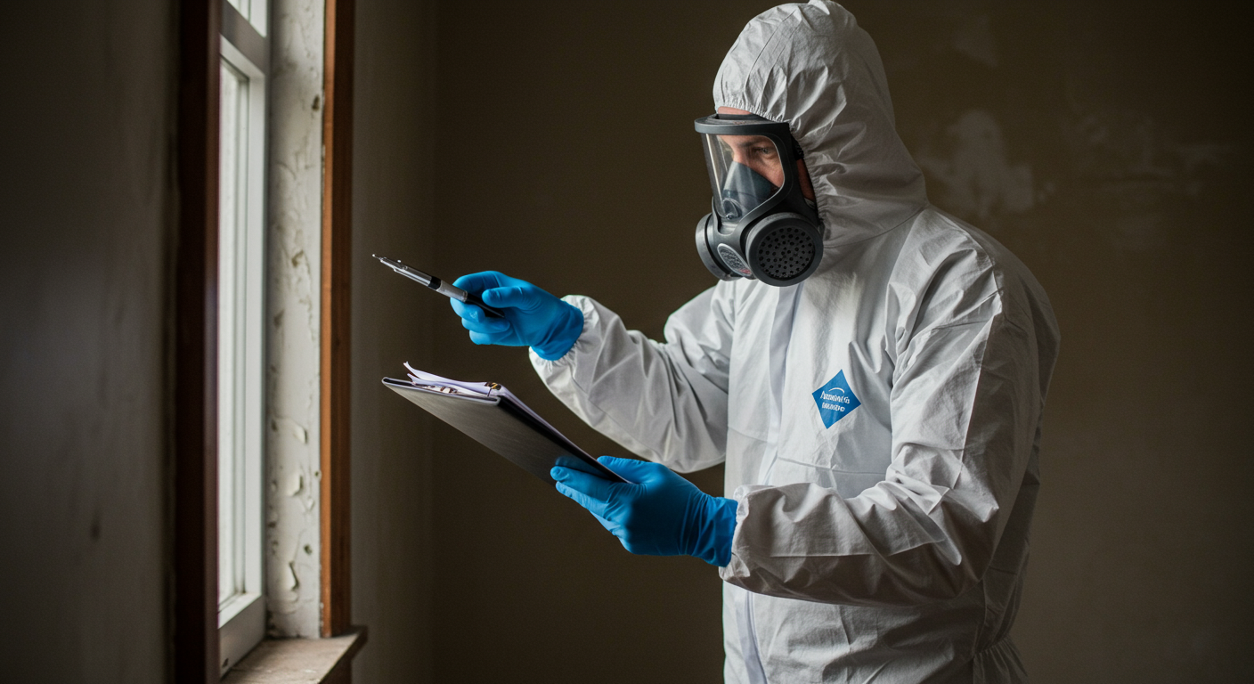 A professional asbestos removal technician in full protective gear carefully inspecting an older home for asbestos. The focus is on the technician's diligent work, showcasing safety protocols.