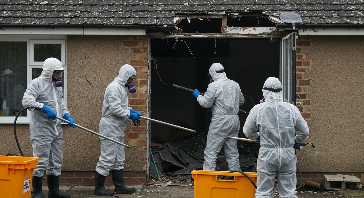 A professional team in protective gear actively removing asbestos from a residential home. The scene captures the team working diligently, showcasing safety measures and equipment.