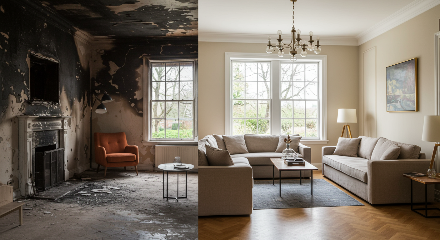 A split image showcasing a living room affected by fire damage on one side and the same room beautifully restored on the other. The contrast highlights the effectiveness of professional restoration services.