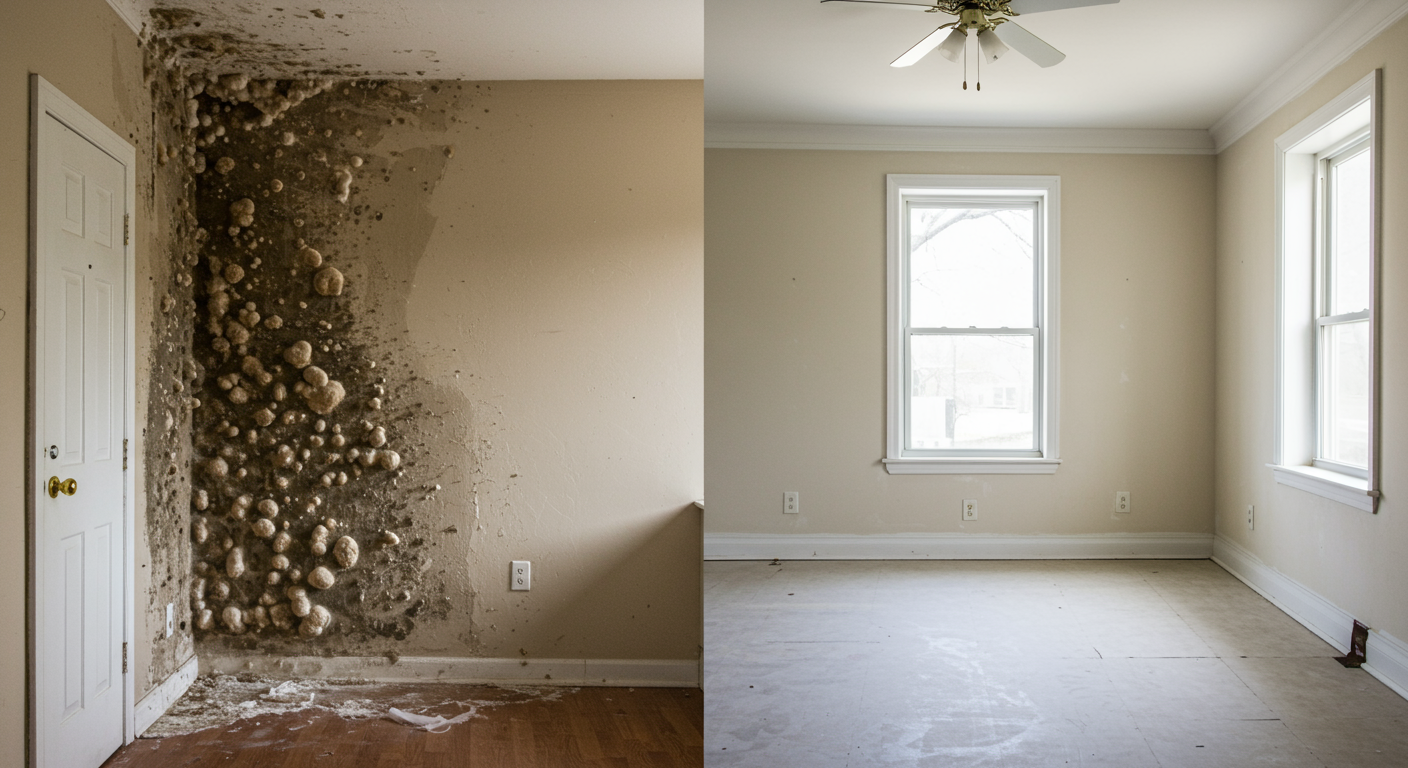 A split image showing a room before and after mold remediation. The left side depicts visible mold growth, while the right side shows a clean, restored space, reflecting customer satisfaction.