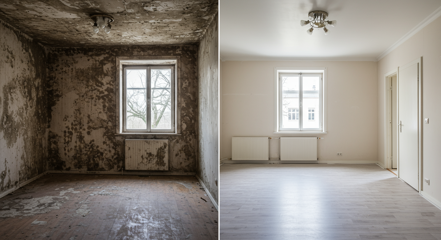 A split image showing a room before and after mold removal, emphasizing the transformation and effectiveness of professional services.