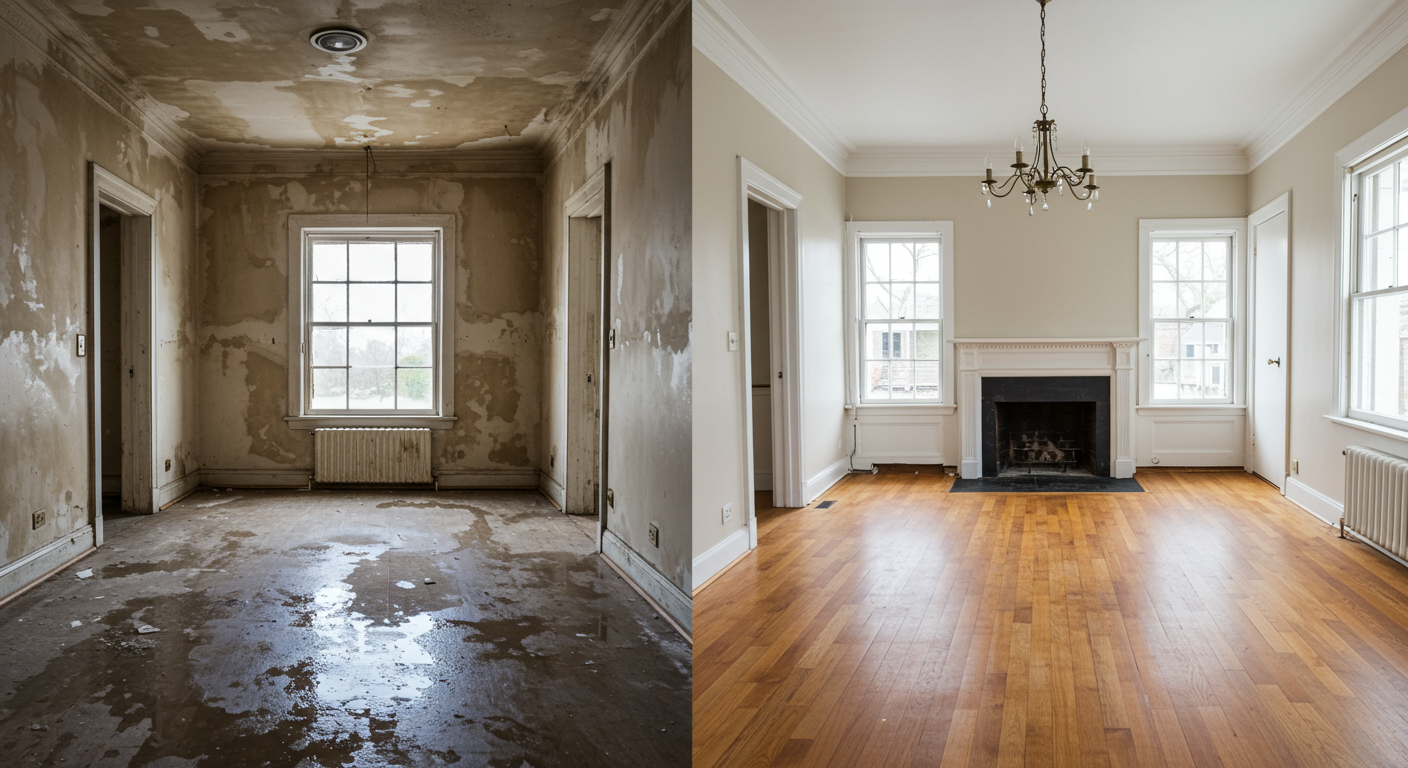 A split image showing a room before and after water damage restoration, highlighting the transformation and effectiveness of the service.