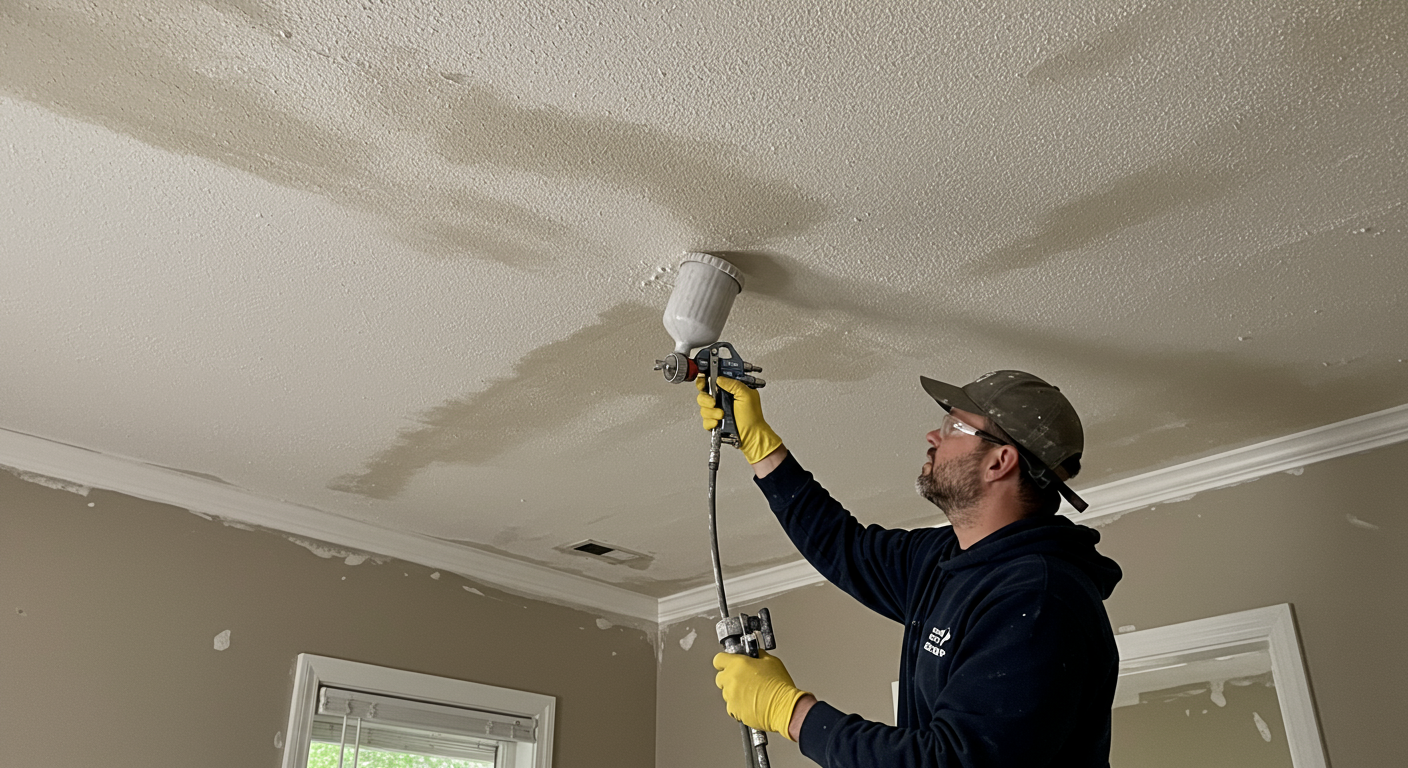 A professional contractor applying popcorn ceiling texture in a cozy living room.