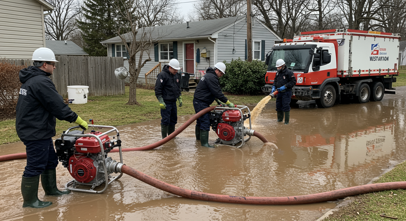 A team of professionals in protective gear working diligently to remove water from a flooded residential area. They are using industrial pumps and hoses, showcasing the urgency and efficiency of emergency flood restoration.
