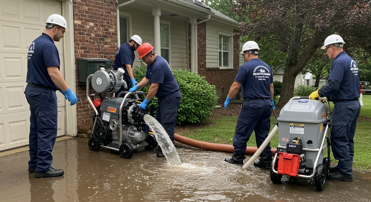 A team of restoration professionals in branded uniforms actively working to remove water from a flooded residential area. They are using industrial pumps and drying equipment, showcasing urgency and expertise.