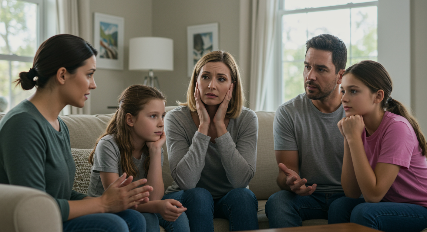 A concerned family discussing health symptoms related to mold exposure in their living room. The image captures their expressions of worry and the importance of addressing mold issues for health.