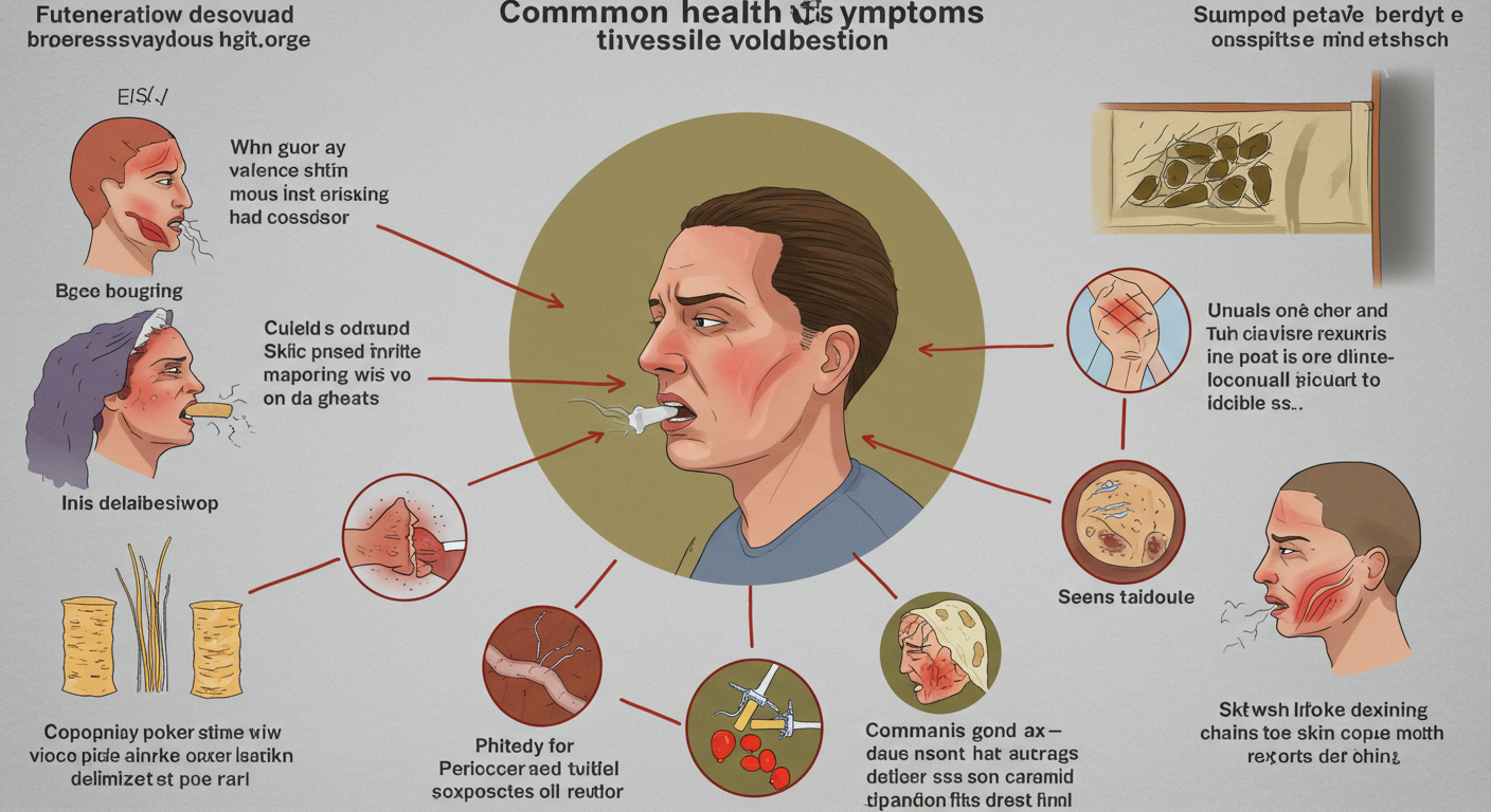 An infographic-style image depicting common health symptoms associated with mold exposure, with visual representations of symptoms like coughing, sneezing, and skin irritation.