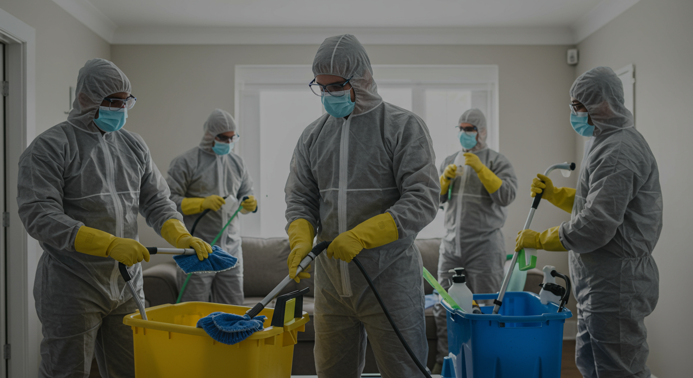 A team of certified mold remediation professionals wearing protective gear, actively cleaning a residential space. They are using specialized equipment and cleaning solutions, showcasing the thoroughness of the mold removal process.