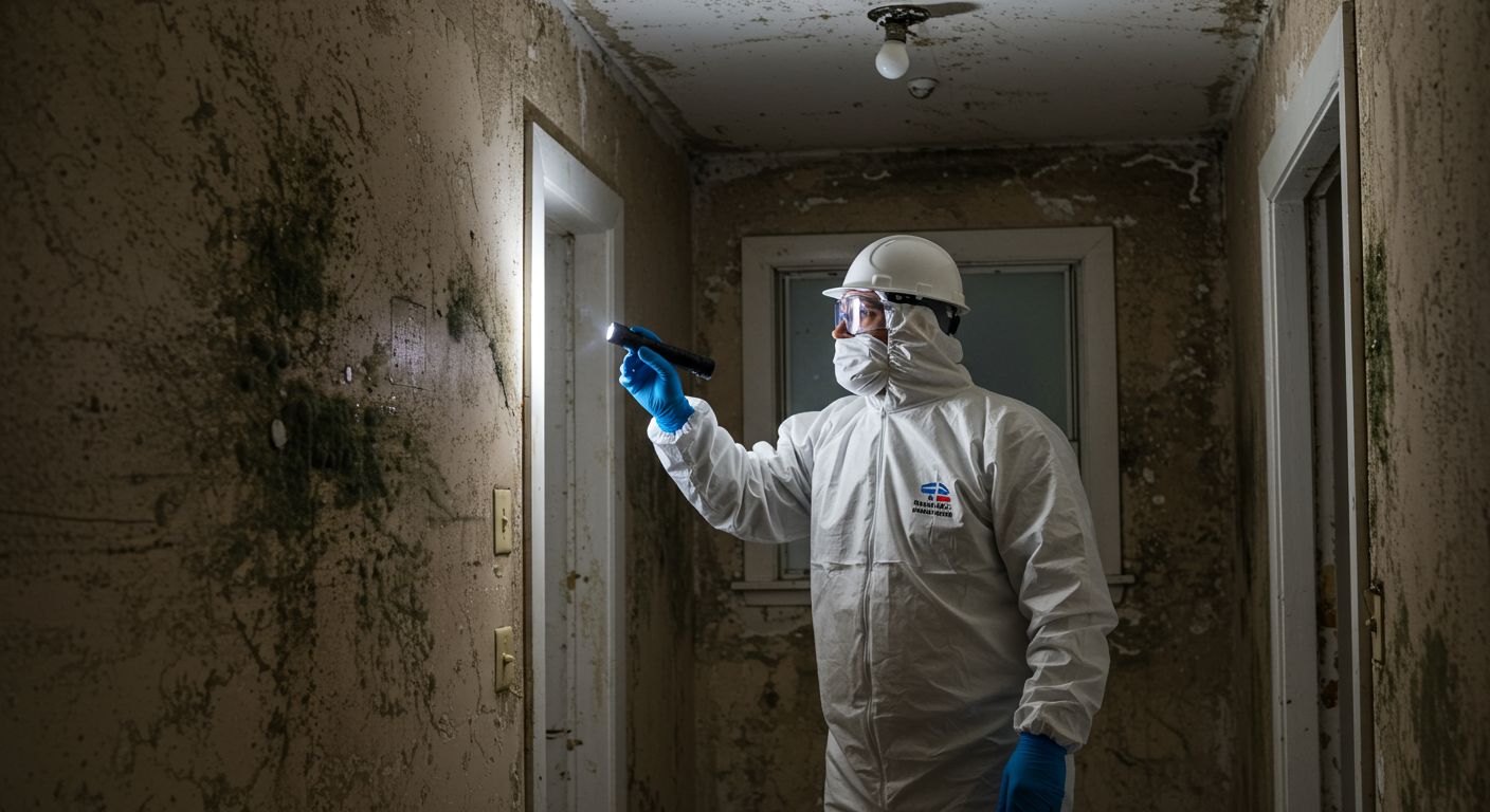 A professional mold inspector examining a home’s interior with a flashlight, highlighting areas of potential mold growth.