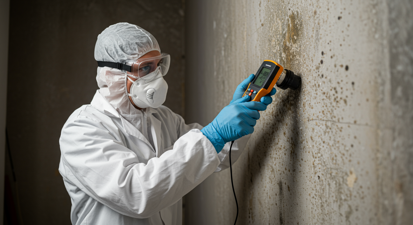 A professional mold inspector examining a wall with a moisture meter, highlighting the process of mold detection.
