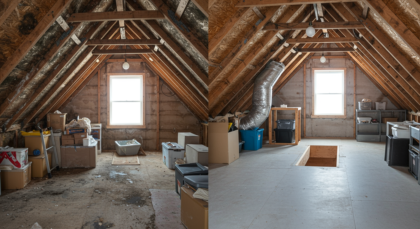 A split image showcasing a before and after scenario of an attic. The left side shows visible mold and clutter, while the right side displays a clean, mold-free attic with bright lighting and organized space, highlighting the effectiveness of professional services.