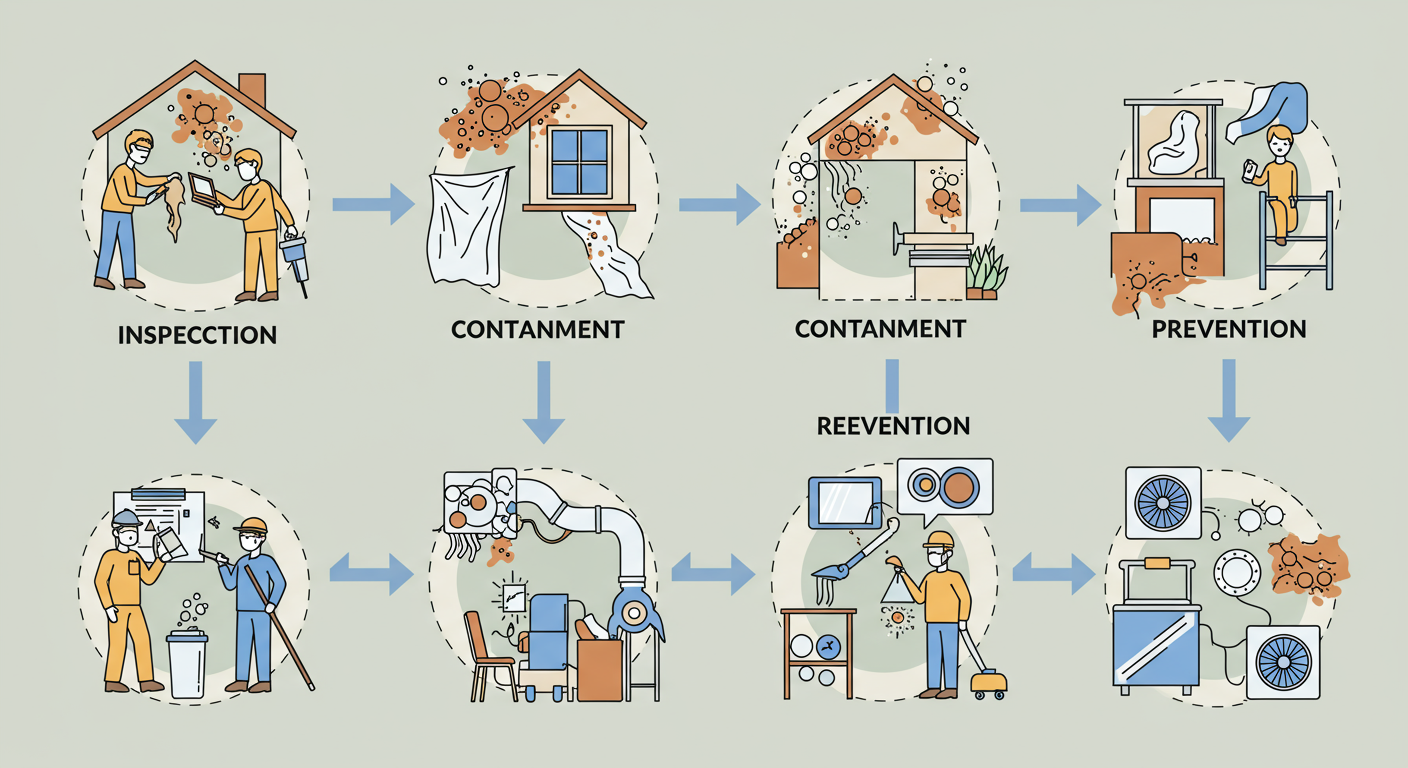 An infographic-style image illustrating the steps of the mold remediation process, showing visuals of inspection, containment, removal, and prevention.